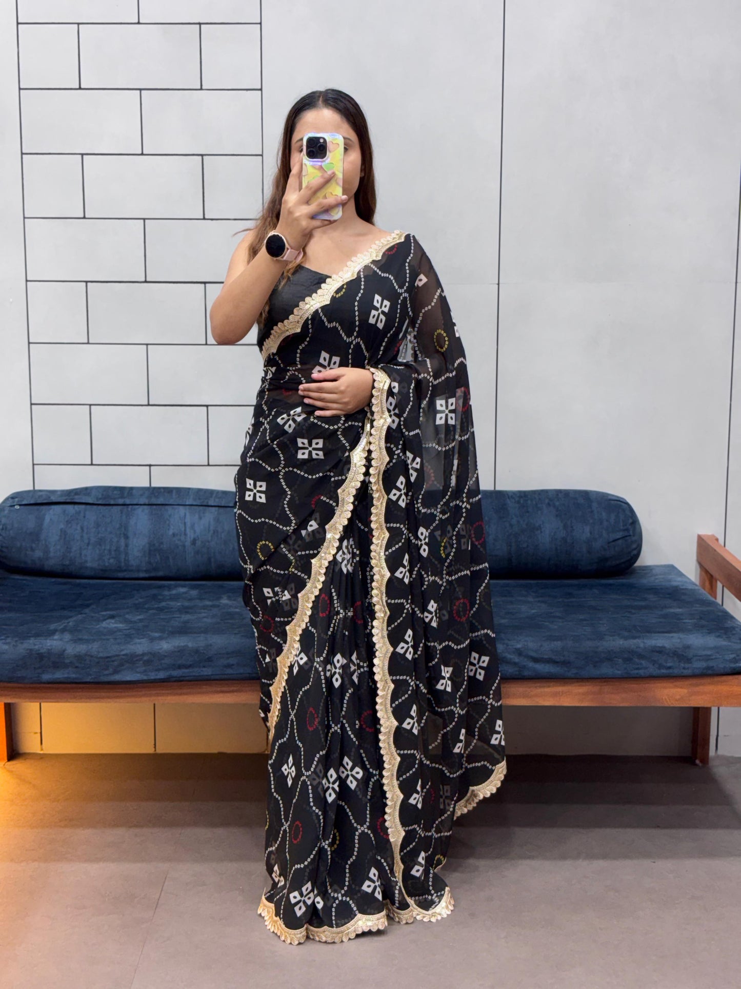 Kayatri New Soft Georgette Saree with Leheriya Print & Sequins Embroidery Lace