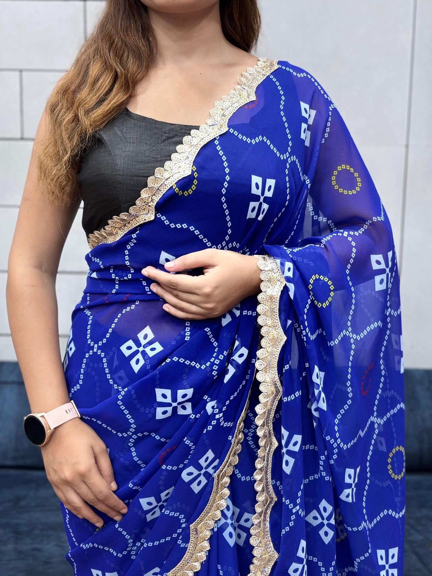 Kayatri New Soft Georgette Saree with Leheriya Print & Sequins Embroidery Lace