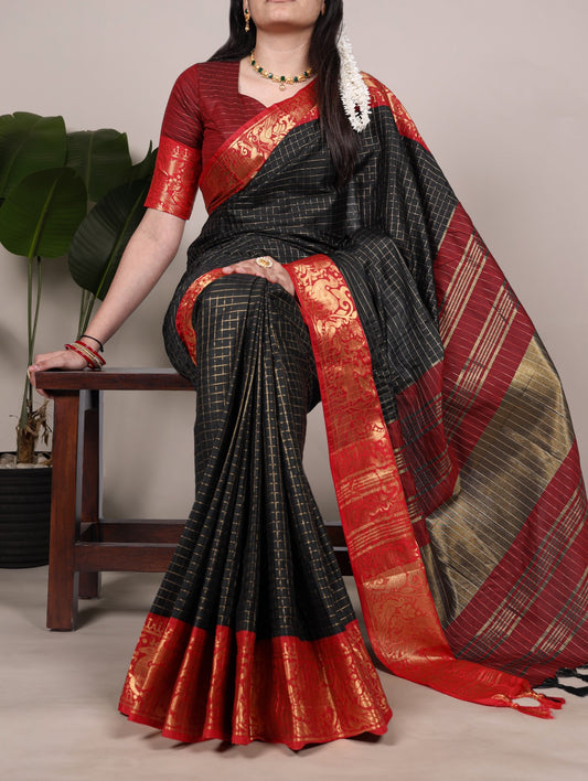 Kayatri New Elegant Poly Cotton Chex Saree with Zari Weaving Design