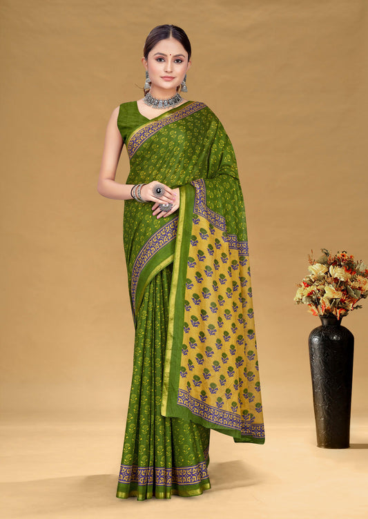 Kayatri New Premium Maslin Cotton Bagru Block Print Saree with Zari Border & Blouse
