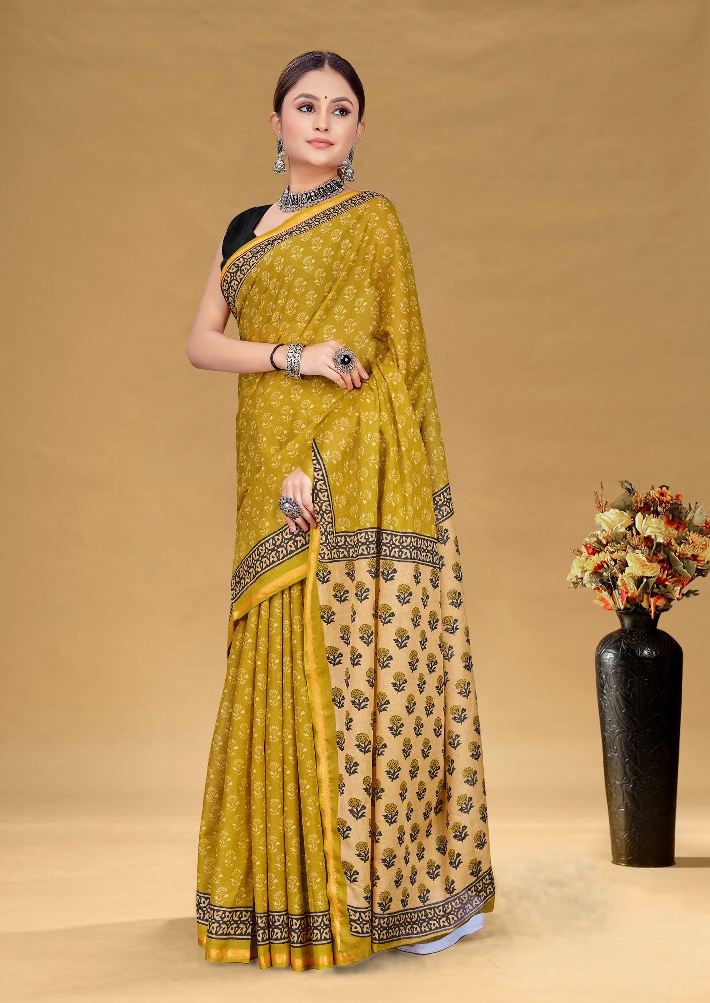 Kayatri New Premium Maslin Cotton Bagru Block Print Saree with Zari Border & Blouse
