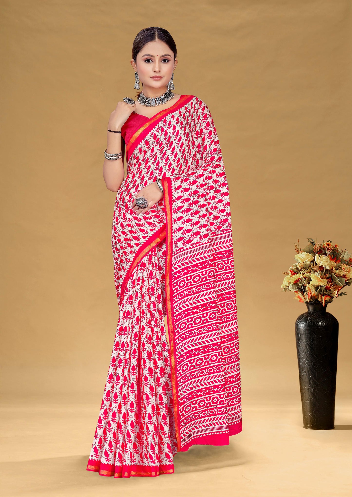 Kayatri New Premium Maslin Cotton Bagru Block Print Saree with Zari Border & Blouse