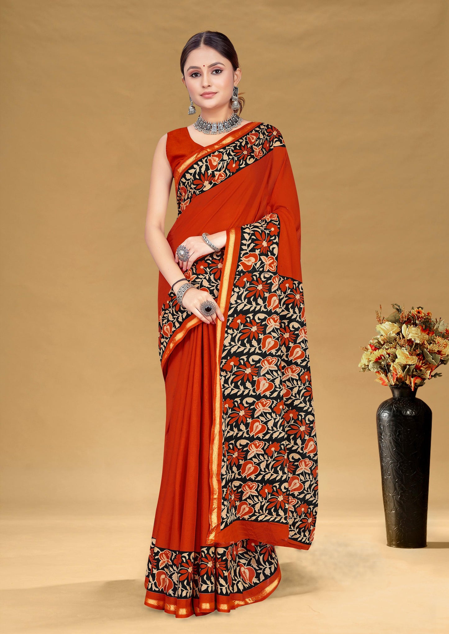 Kayatri New Premium Maslin Cotton Bagru Block Print Saree with Zari Border & Blouse