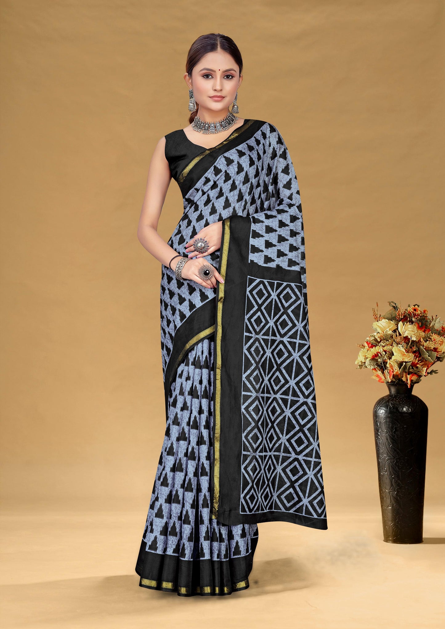 Kayatri New Premium Maslin Cotton Bagru Block Print Saree with Zari Border & Blouse