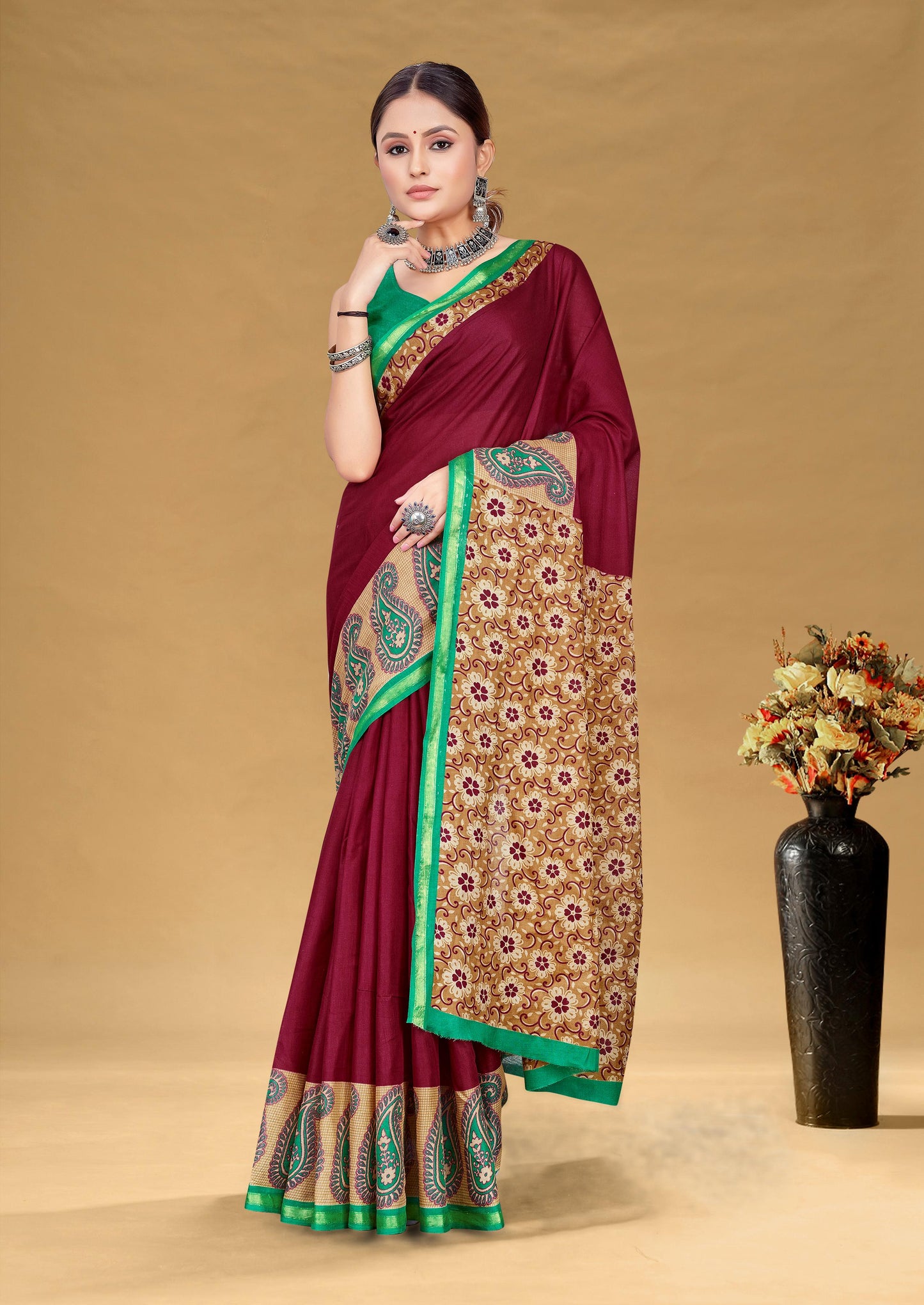 Kayatri New Premium Maslin Cotton Bagru Block Print Saree with Zari Border & Blouse