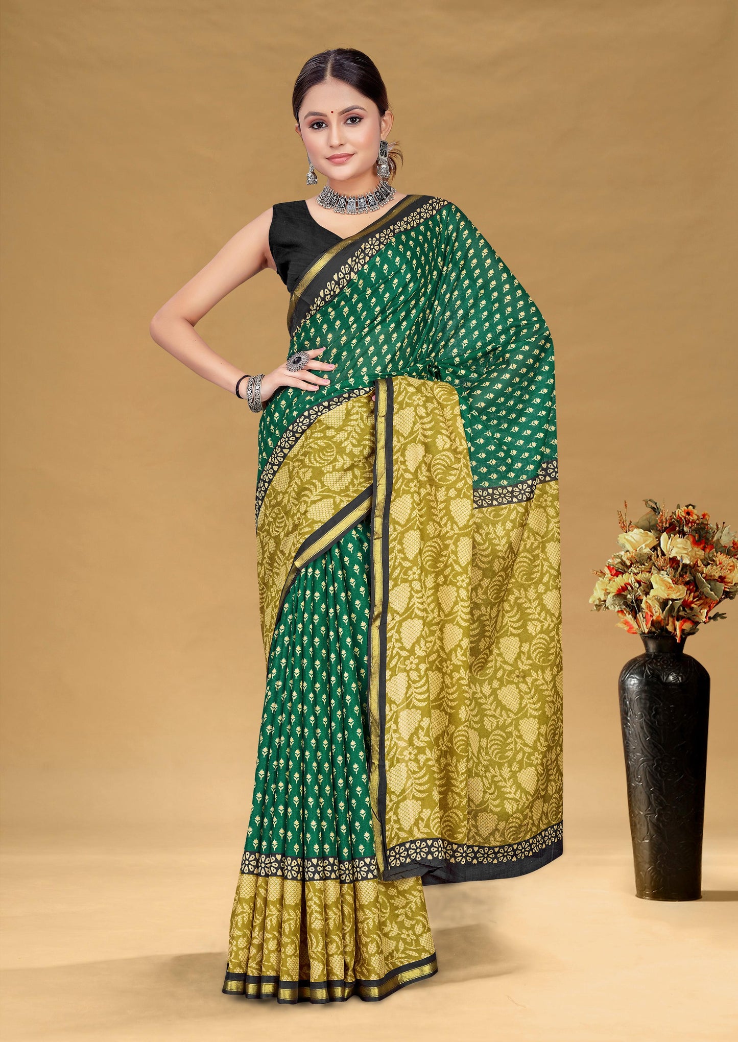 Kayatri New Premium Maslin Cotton Bagru Block Print Saree with Zari Border & Blouse