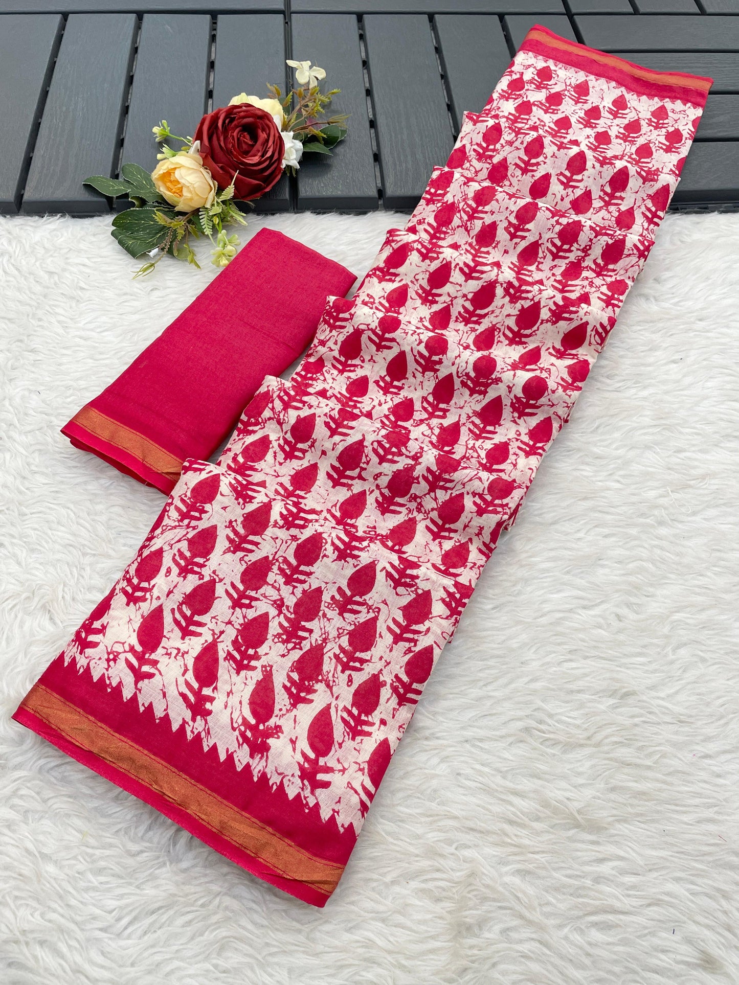 Kayatri New Premium Maslin Cotton Bagru Block Print Saree with Zari Border & Blouse