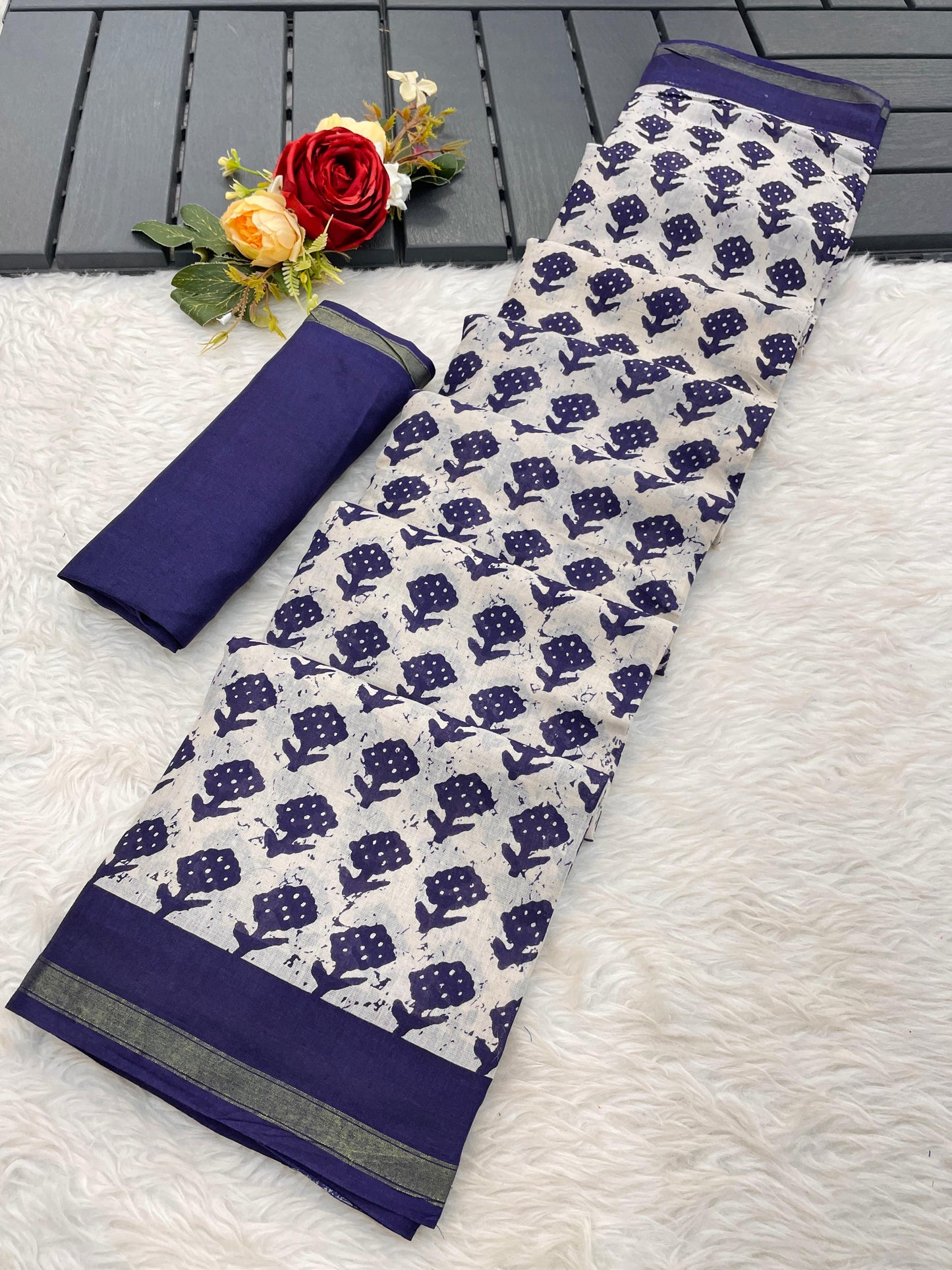 Kayatri New Premium Maslin Cotton Bagru Block Print Saree with Zari Border & Blouse