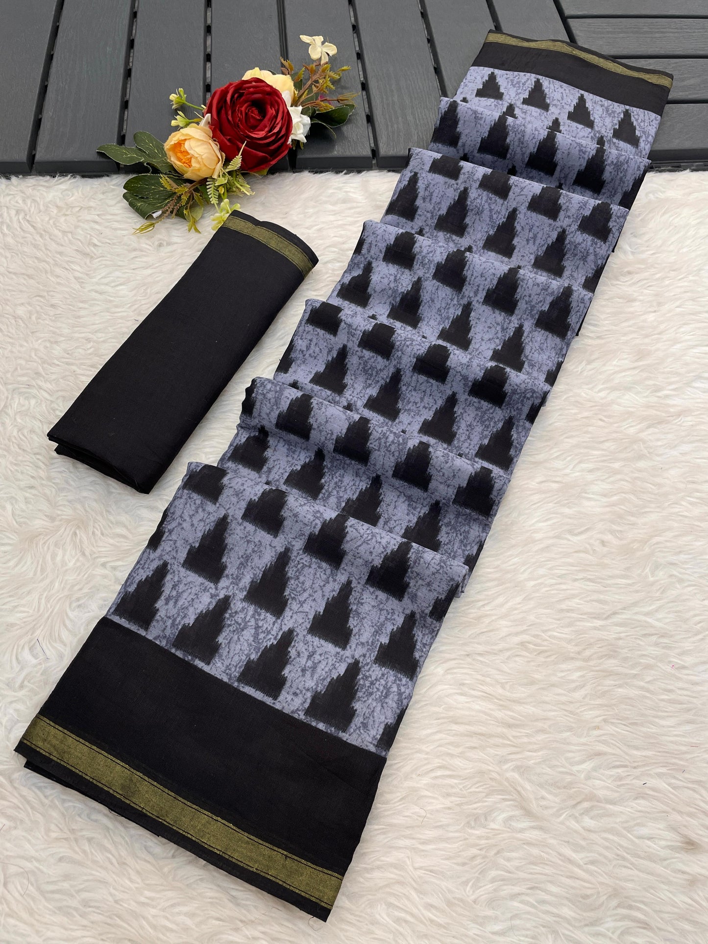 Kayatri New Premium Maslin Cotton Bagru Block Print Saree with Zari Border & Blouse