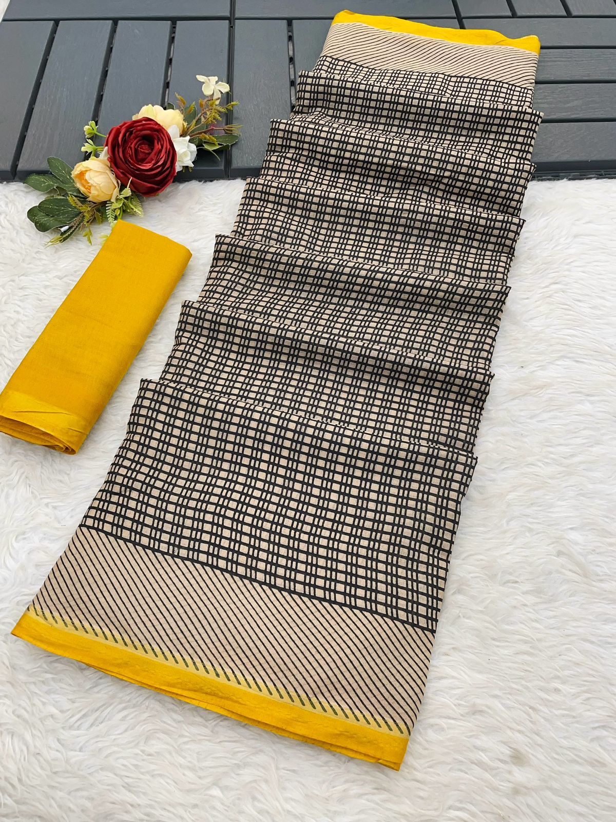 Kayatri New Premium Maslin Cotton Bagru Block Print Saree with Zari Border & Blouse