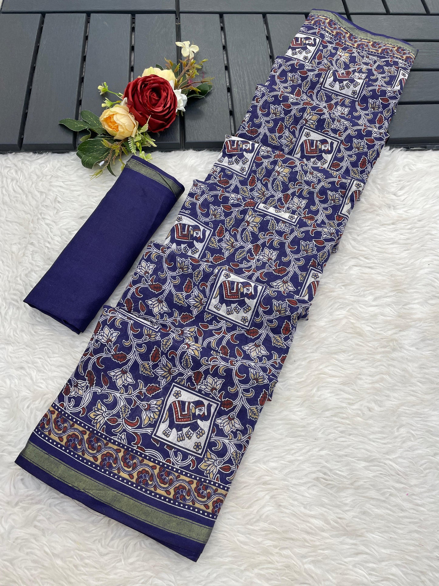 Kayatri New Premium Maslin Cotton Bagru Block Print Saree with Zari Border & Blouse