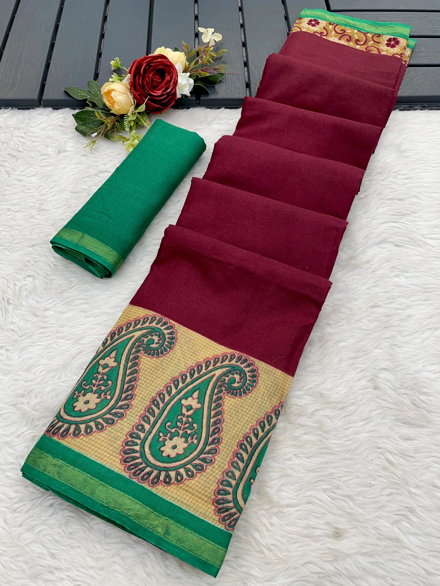 Kayatri New Premium Maslin Cotton Bagru Block Print Saree with Zari Border & Blouse