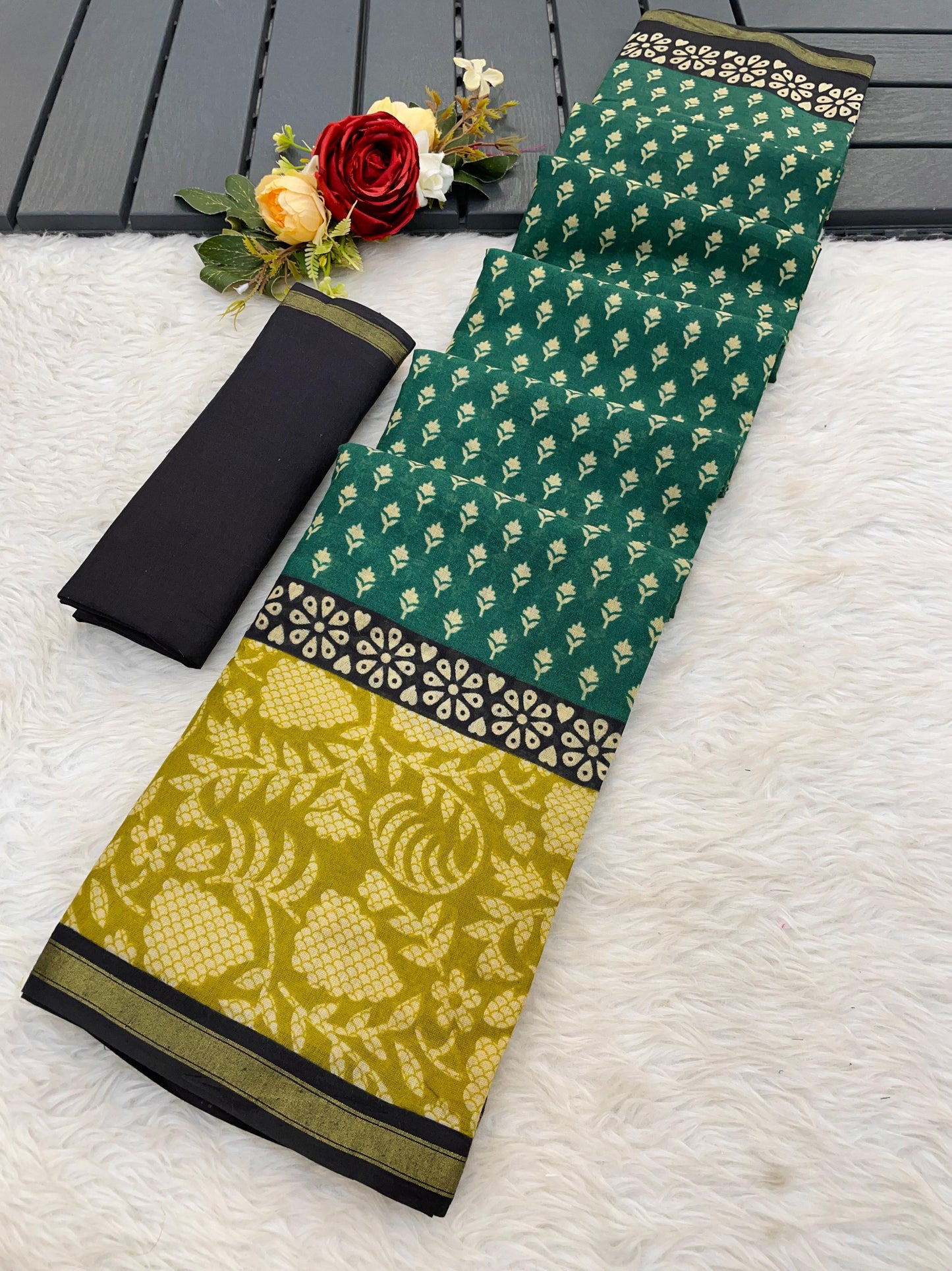 Kayatri New Premium Maslin Cotton Bagru Block Print Saree with Zari Border & Blouse