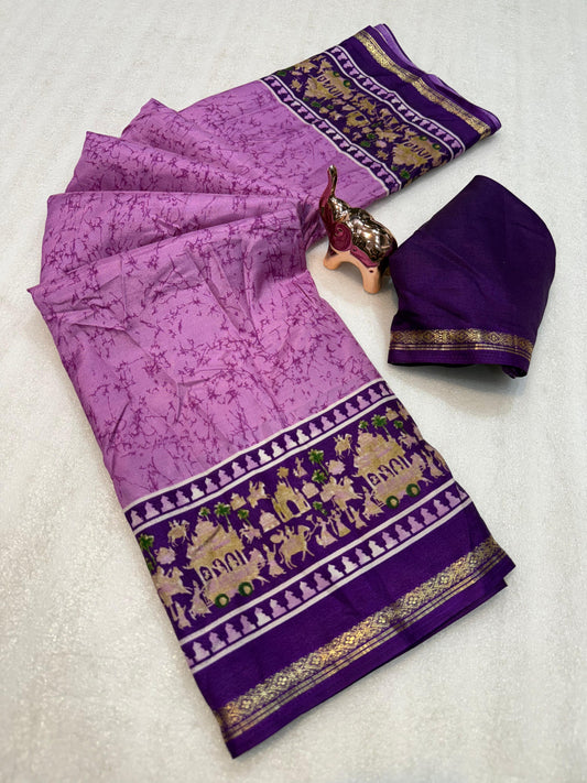 Kayatri New Lightweight Dolla Silk Saree with Kalamkari Print & Gold Zari Border