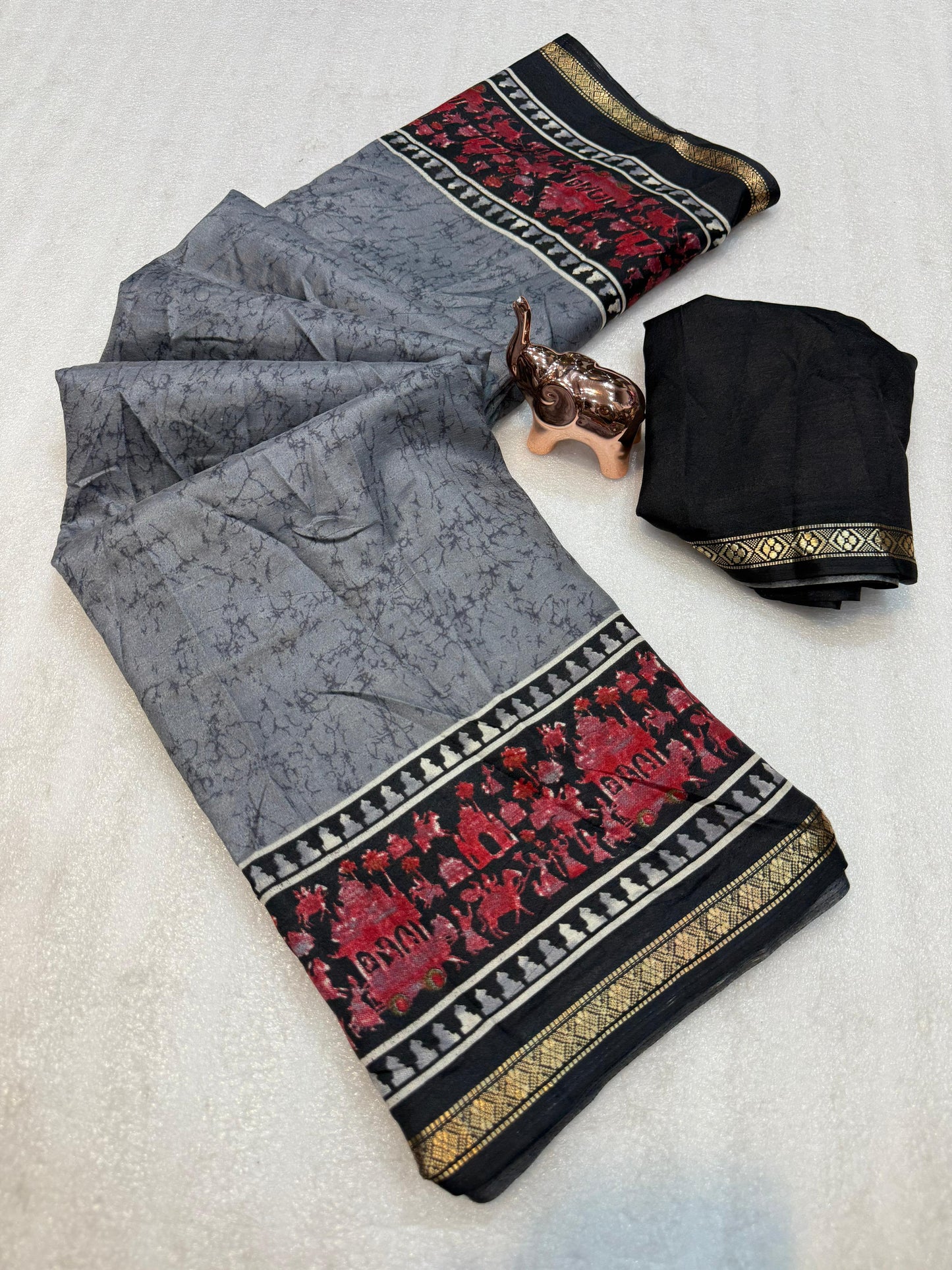 Kayatri New Lightweight Dolla Silk Saree with Kalamkari Print & Gold Zari Border