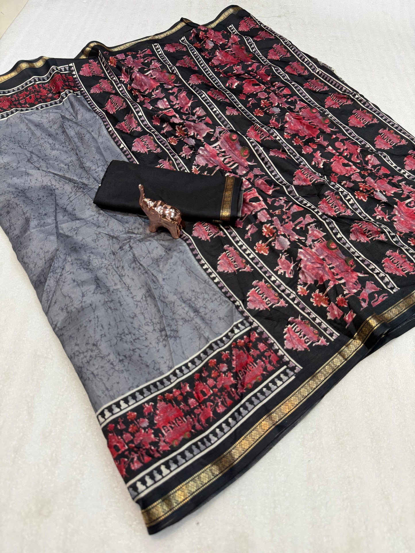 Kayatri New Lightweight Dolla Silk Saree with Kalamkari Print & Gold Zari Border