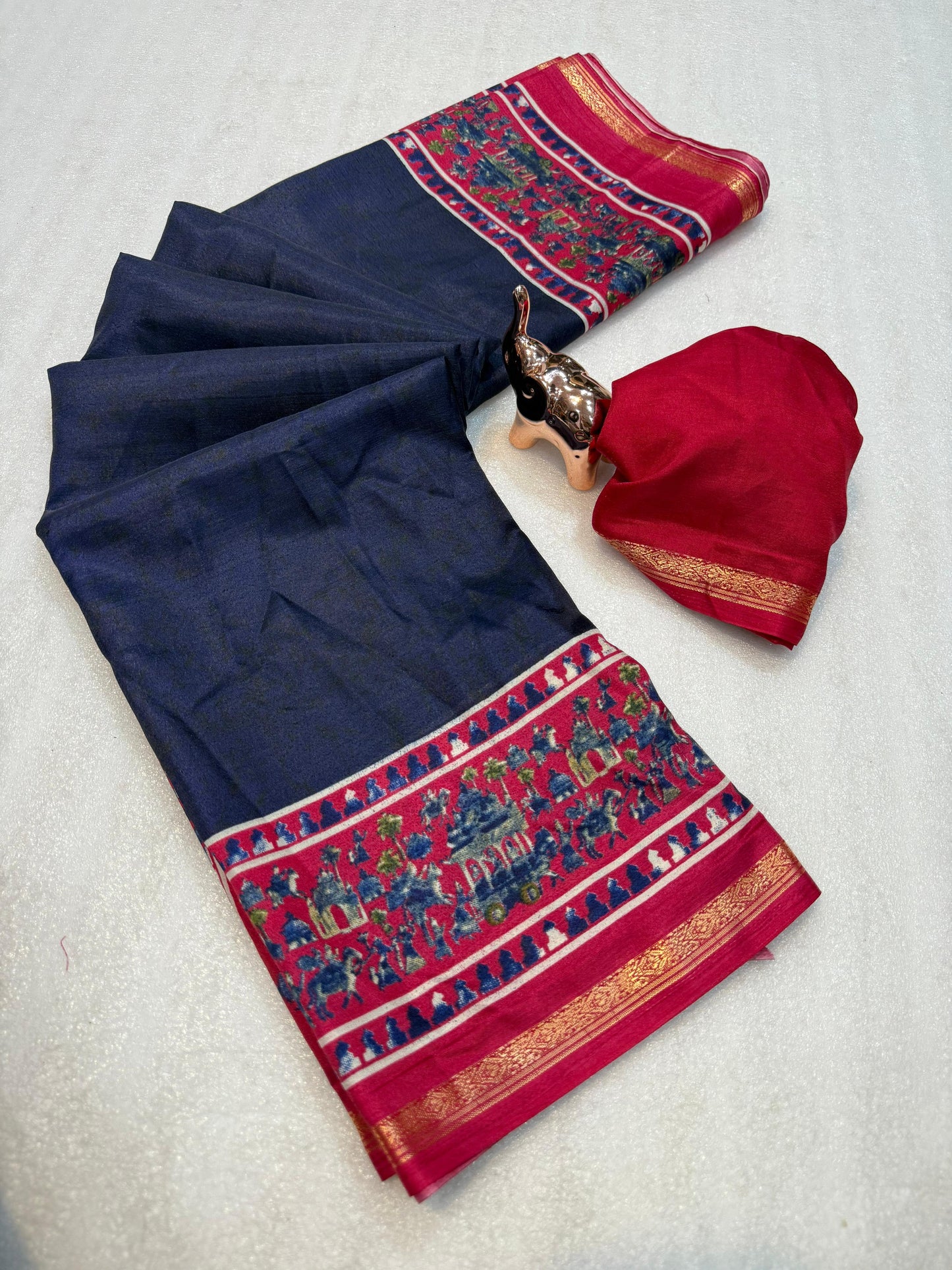 Kayatri New Lightweight Dolla Silk Saree with Kalamkari Print & Gold Zari Border