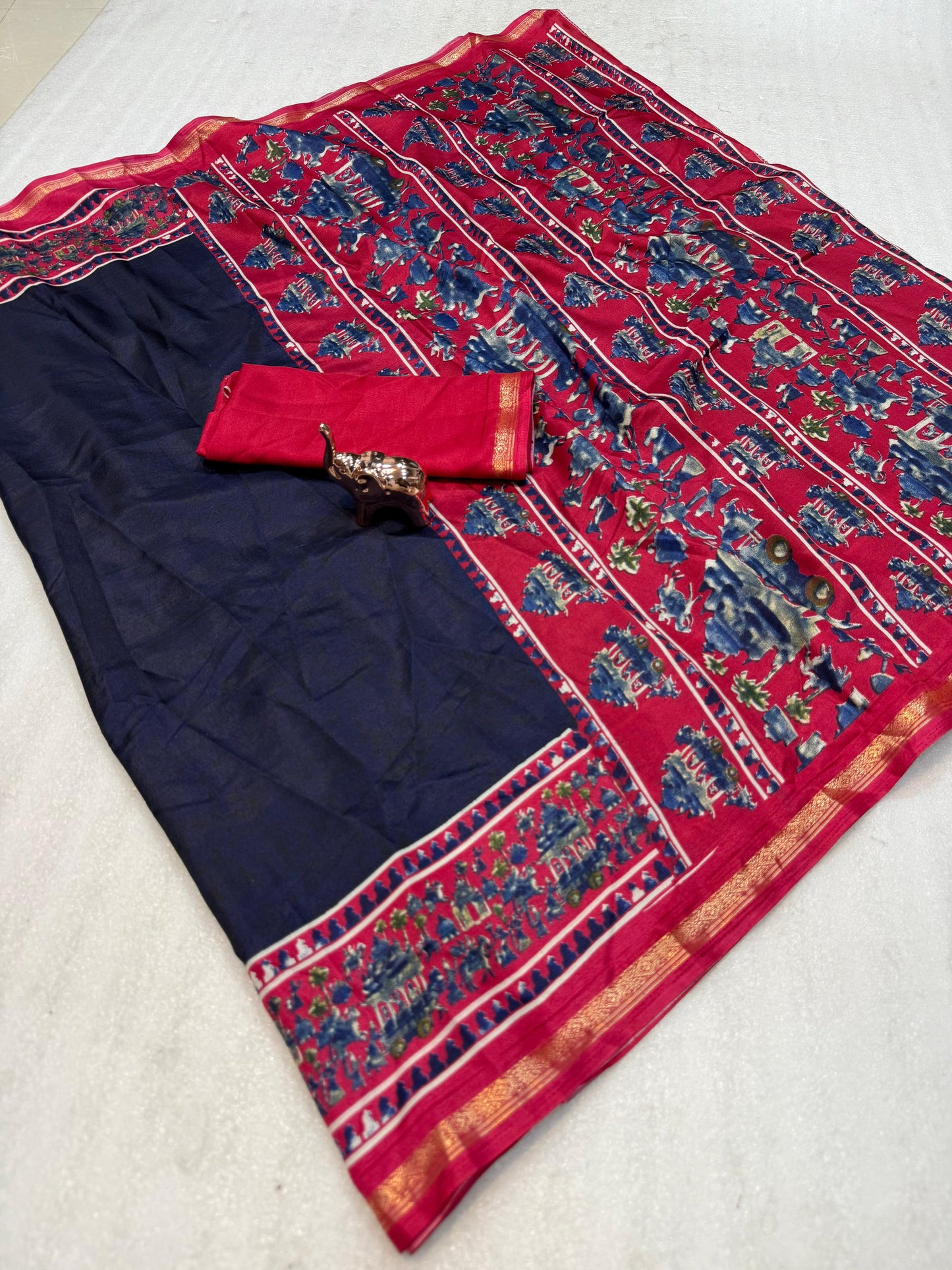 Kayatri New Lightweight Dolla Silk Saree with Kalamkari Print & Gold Zari Border