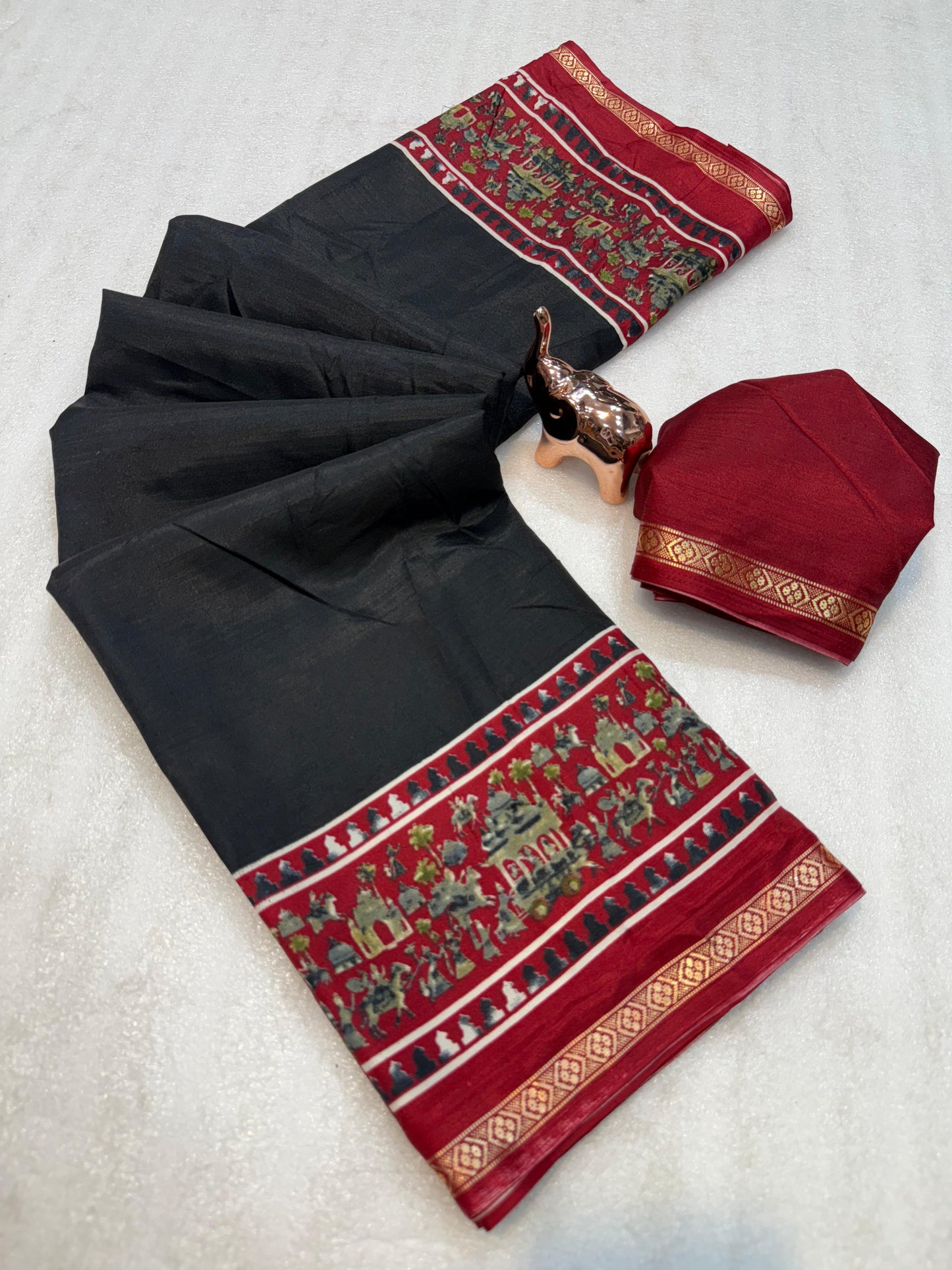 Kayatri New Lightweight Dolla Silk Saree with Kalamkari Print & Gold Zari Border