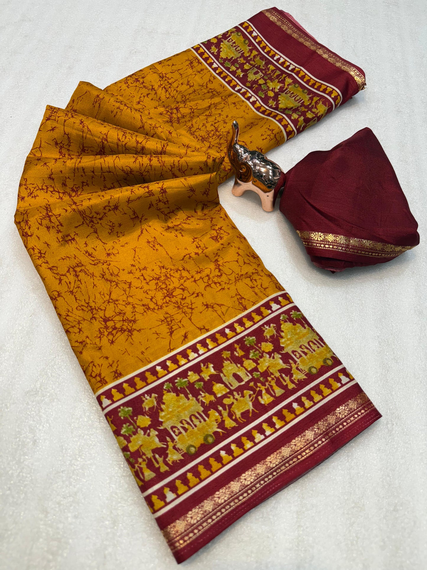 Kayatri New Lightweight Dolla Silk Saree with Kalamkari Print & Gold Zari Border