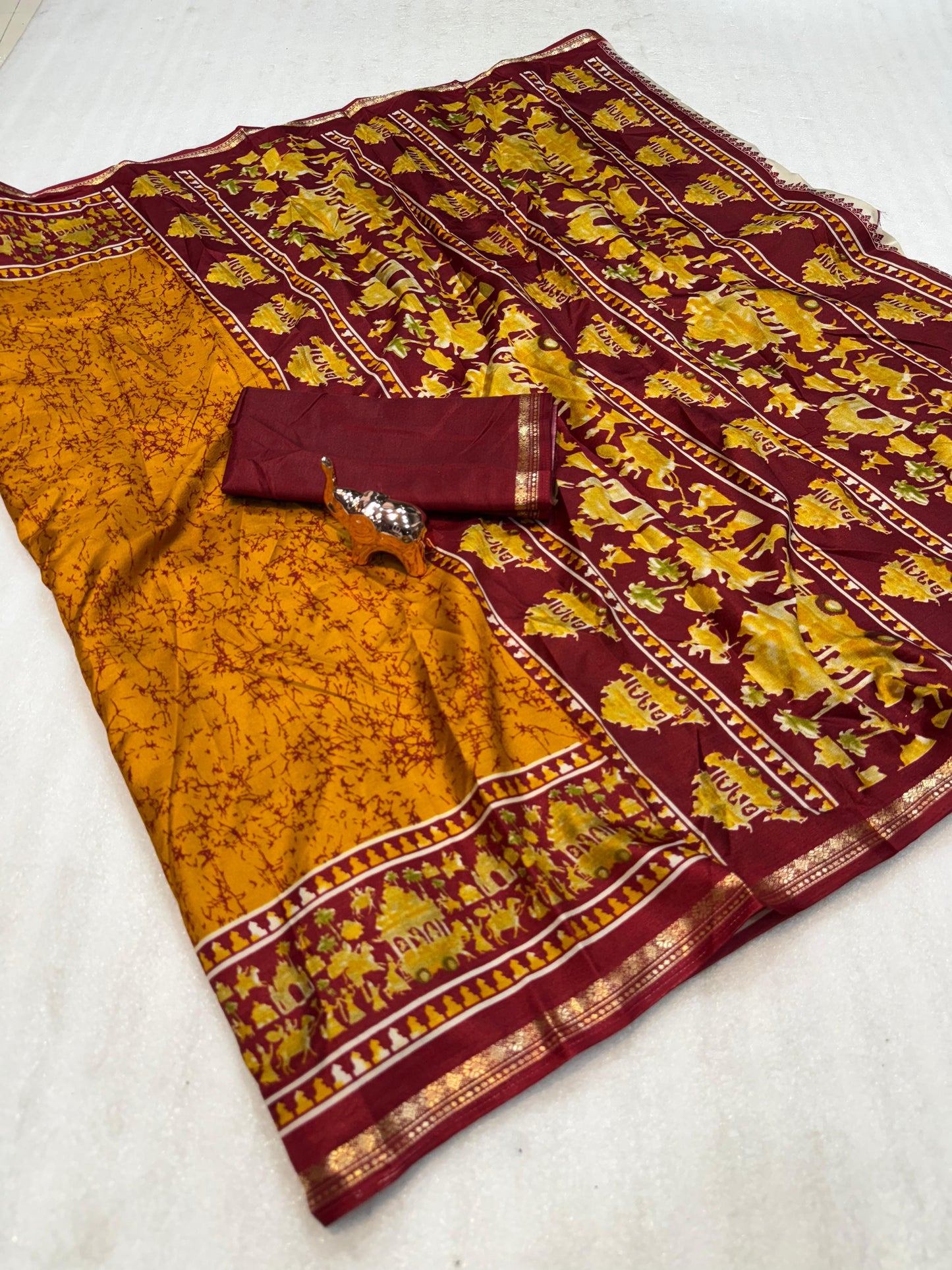 Kayatri New Lightweight Dolla Silk Saree with Kalamkari Print & Gold Zari Border