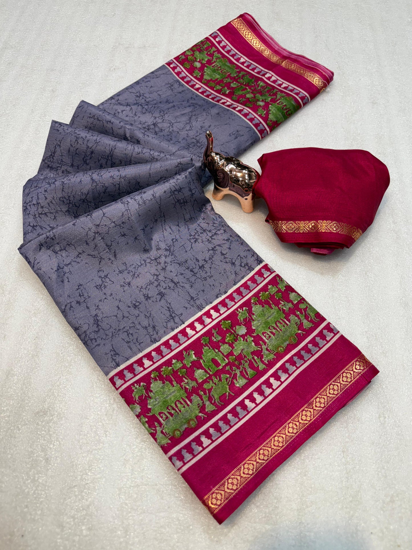 Kayatri New Lightweight Dolla Silk Saree with Kalamkari Print & Gold Zari Border