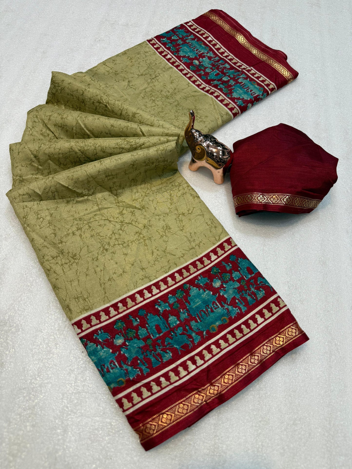 Kayatri New Lightweight Dolla Silk Saree with Kalamkari Print & Gold Zari Border