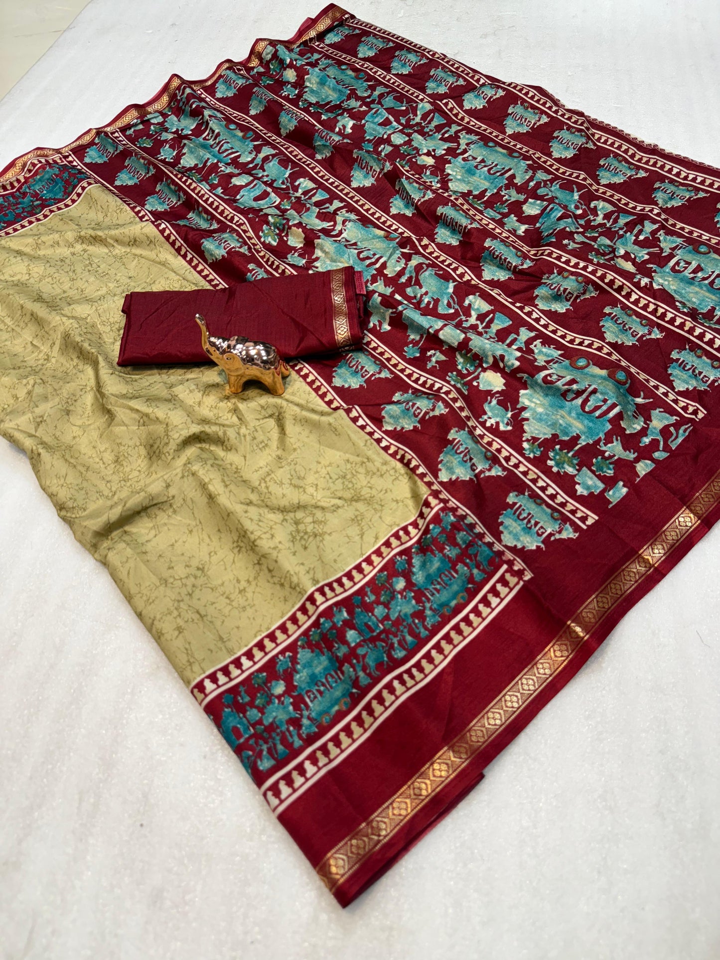 Kayatri New Lightweight Dolla Silk Saree with Kalamkari Print & Gold Zari Border