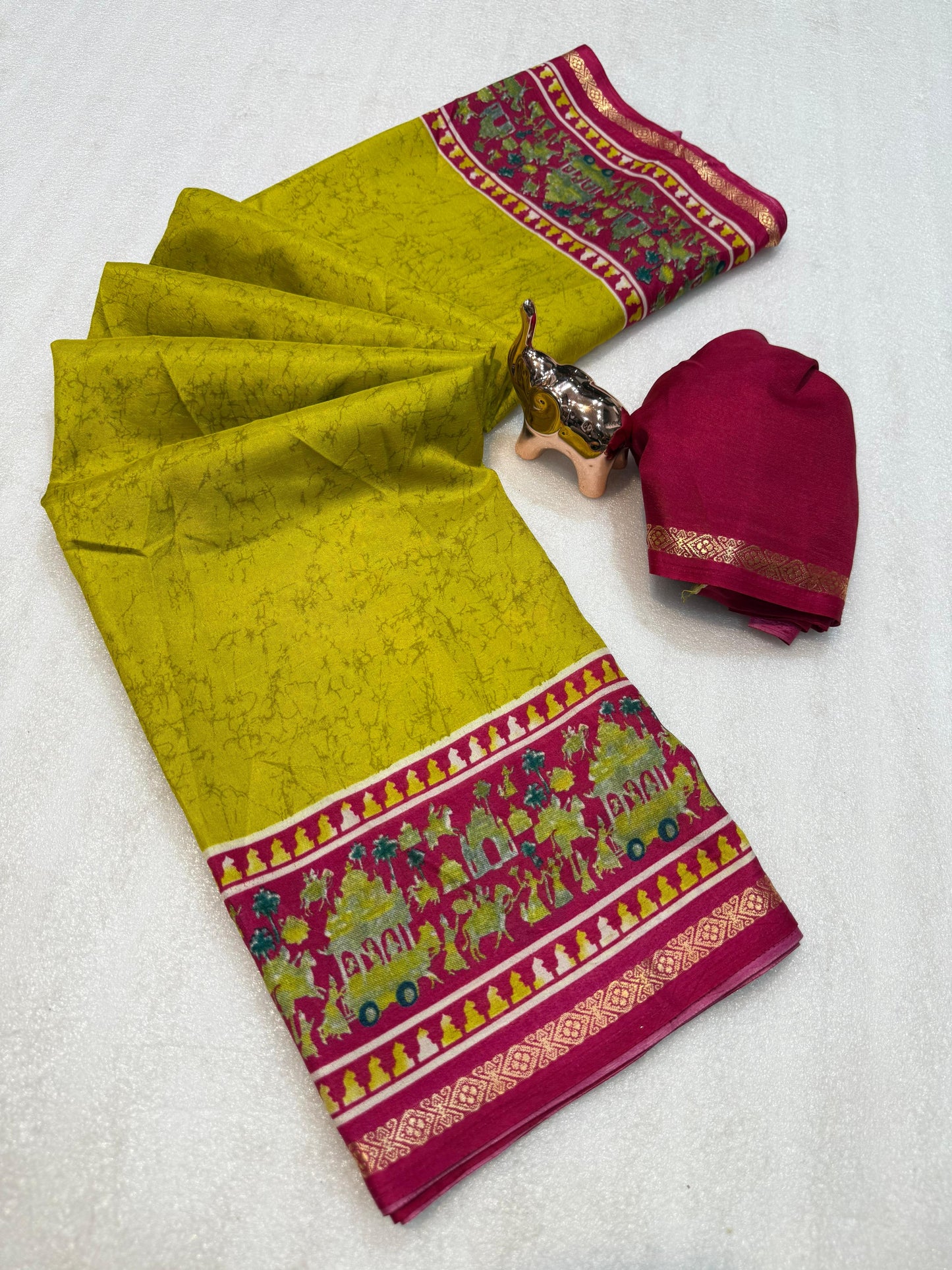 Kayatri New Lightweight Dolla Silk Saree with Kalamkari Print & Gold Zari Border