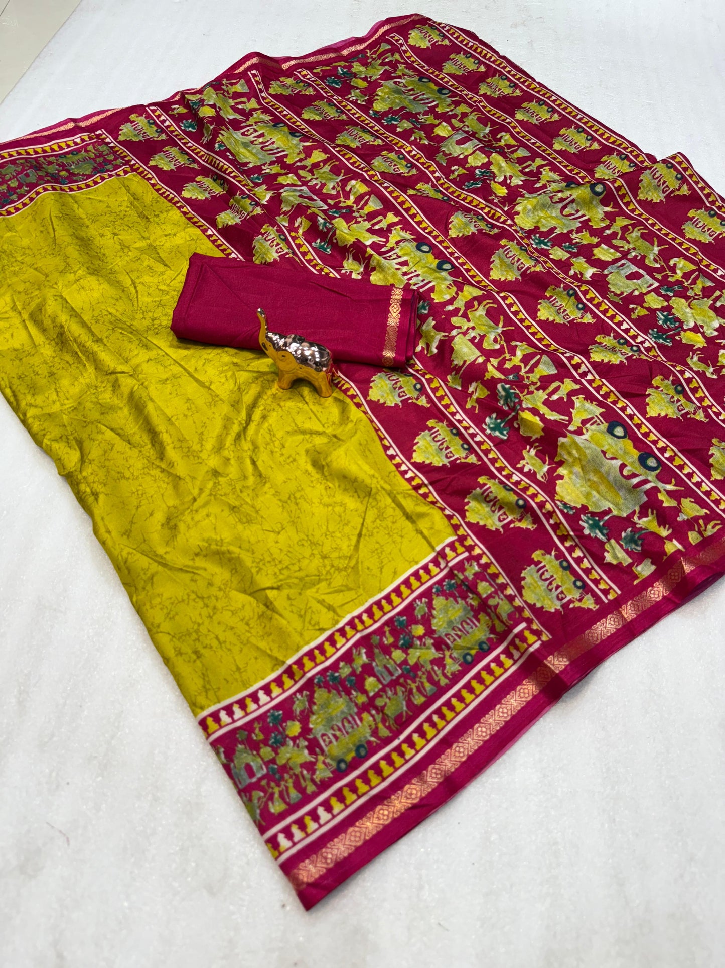 Kayatri New Lightweight Dolla Silk Saree with Kalamkari Print & Gold Zari Border