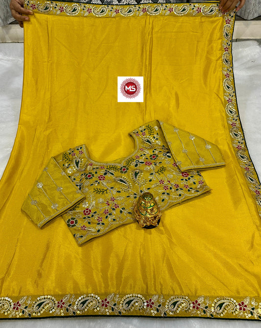 Kayatri New Premium Silk Chinon Saree with Heavy Embroidery & Sequin Border | Fully Stitched Blouse