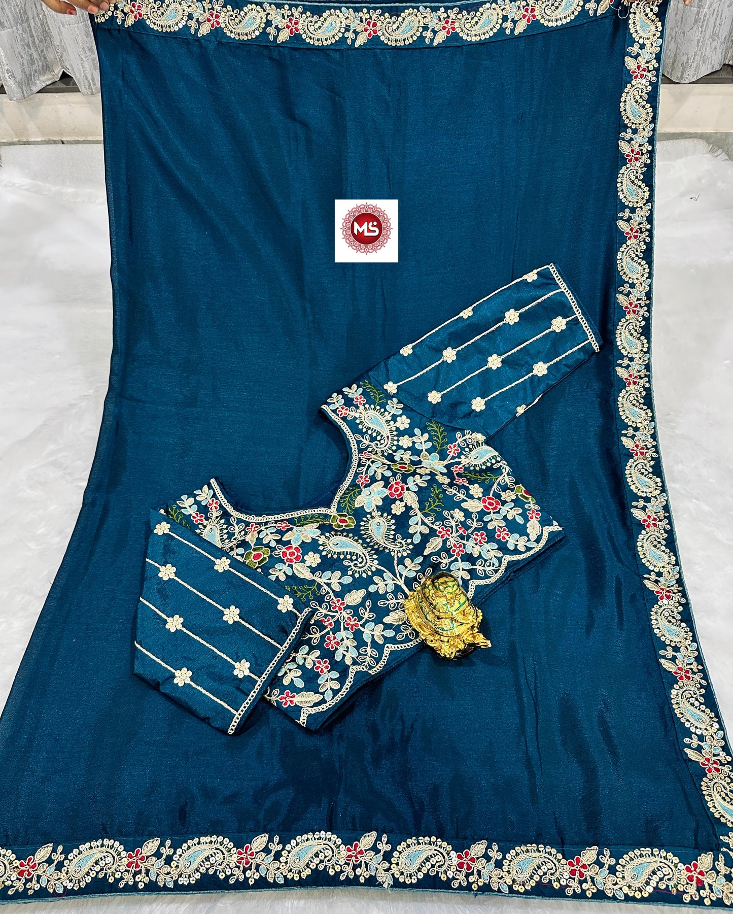 Kayatri New Premium Silk Chinon Saree with Heavy Embroidery & Sequin Border | Fully Stitched Blouse