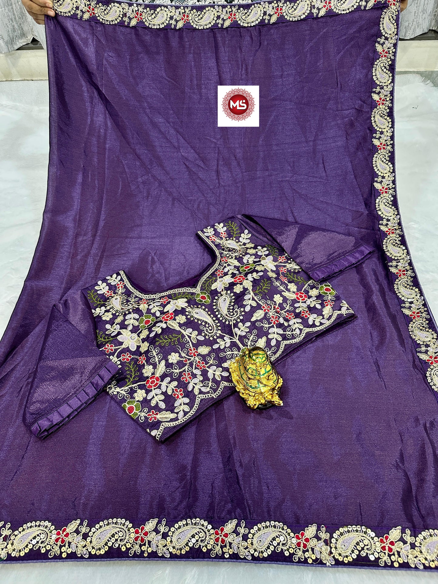 Kayatri New Premium Silk Chinon Saree with Heavy Embroidery & Sequin Border | Fully Stitched Blouse