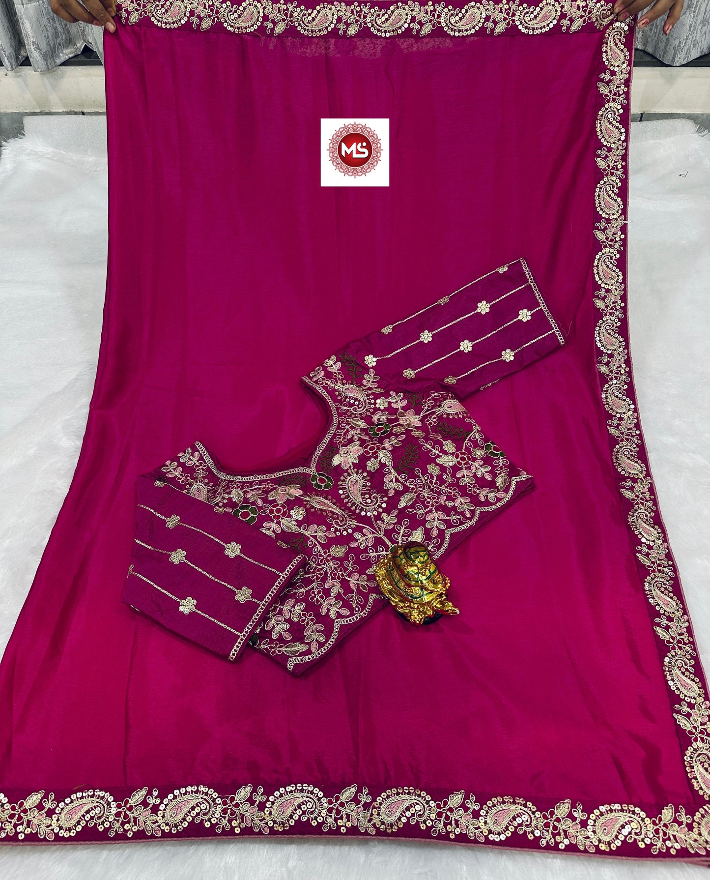 Kayatri New Premium Silk Chinon Saree with Heavy Embroidery & Sequin Border | Fully Stitched Blouse