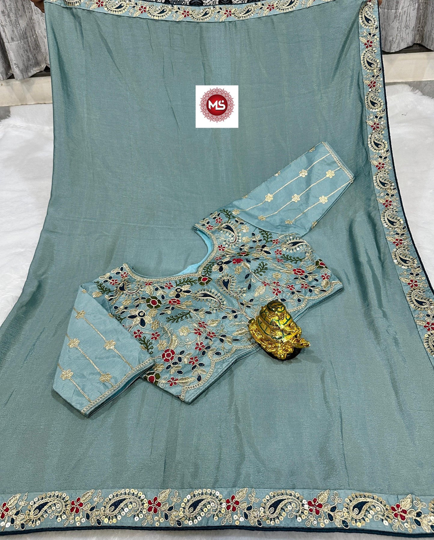 Kayatri New Premium Silk Chinon Saree with Heavy Embroidery & Sequin Border | Fully Stitched Blouse
