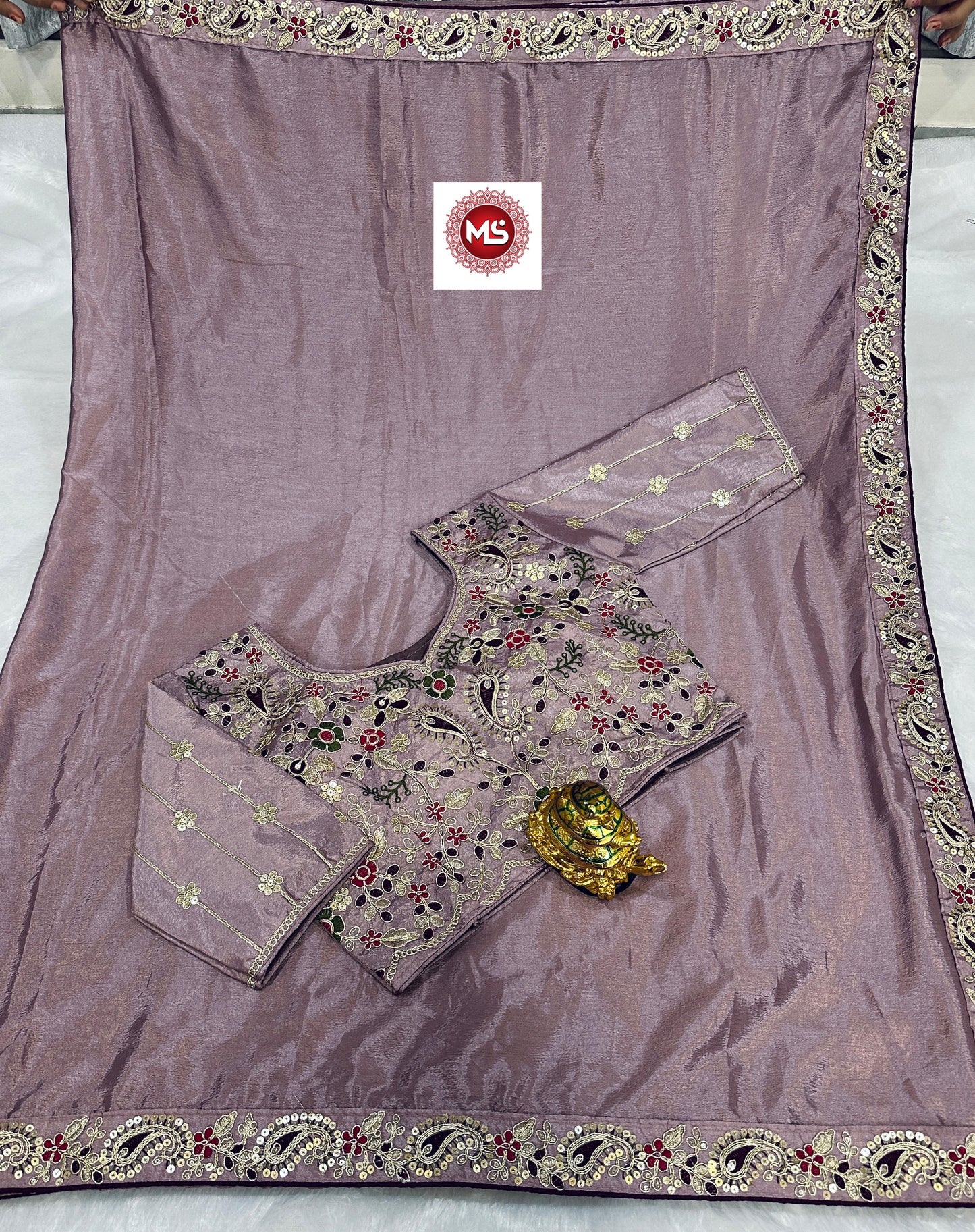 Kayatri New Premium Silk Chinon Saree with Heavy Embroidery & Sequin Border | Fully Stitched Blouse