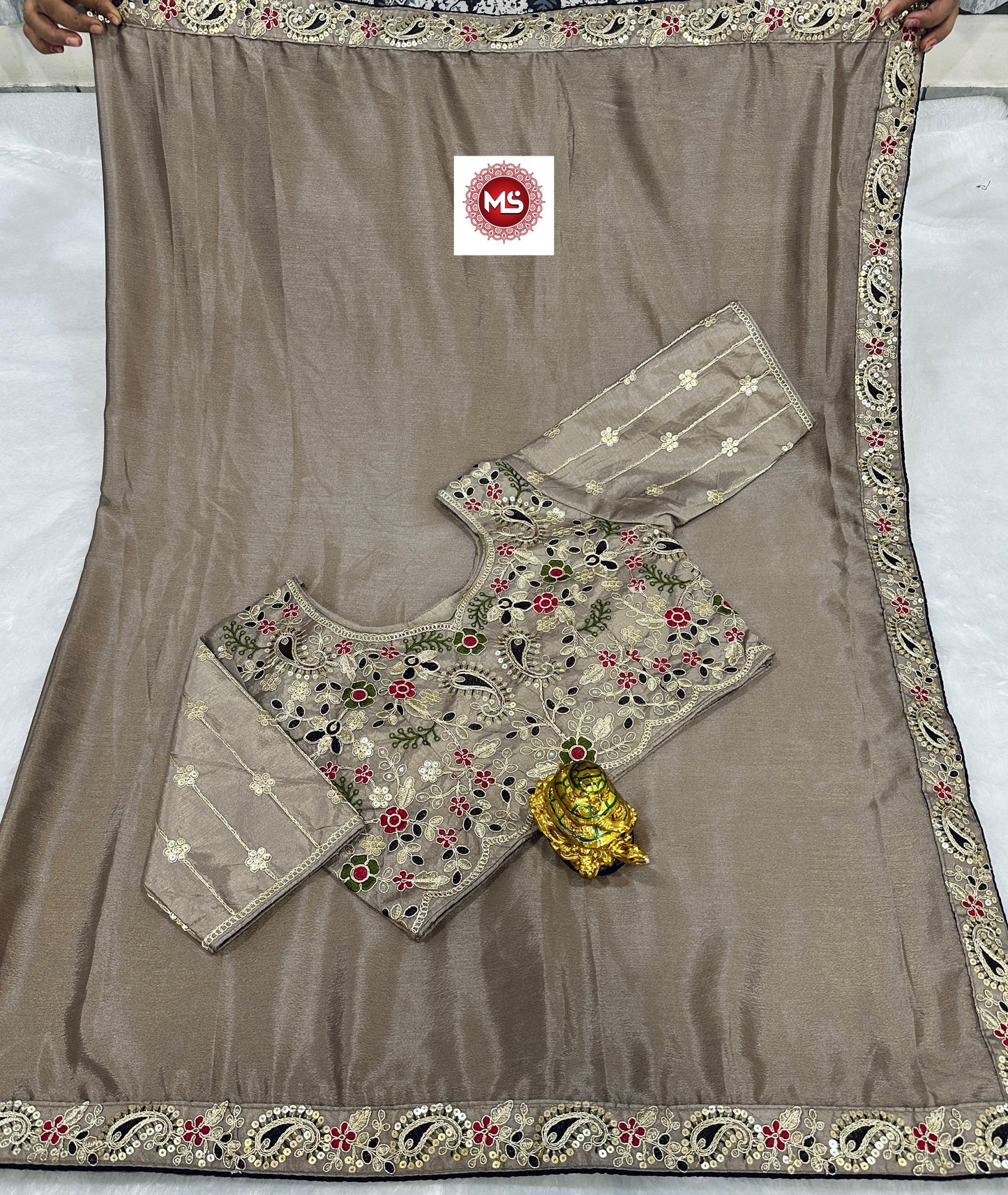 Kayatri New Premium Silk Chinon Saree with Heavy Embroidery & Sequin Border | Fully Stitched Blouse