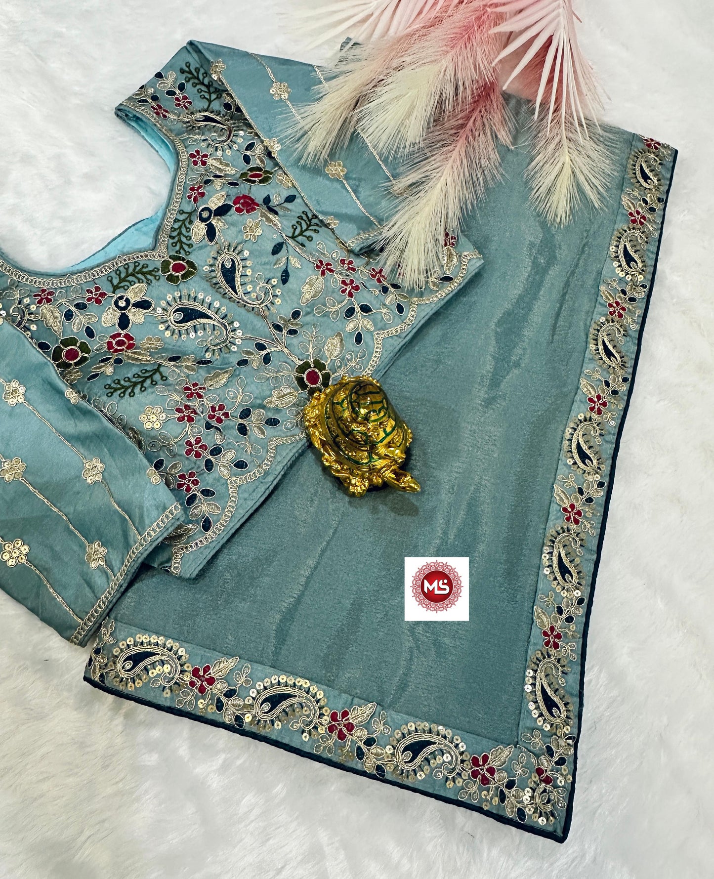 Kayatri New Premium Silk Chinon Saree with Heavy Embroidery & Sequin Border | Fully Stitched Blouse