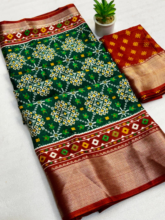 Kayatri New Soft Dola Silk Patola Printed Saree with Fancy Zari Border & Pallu