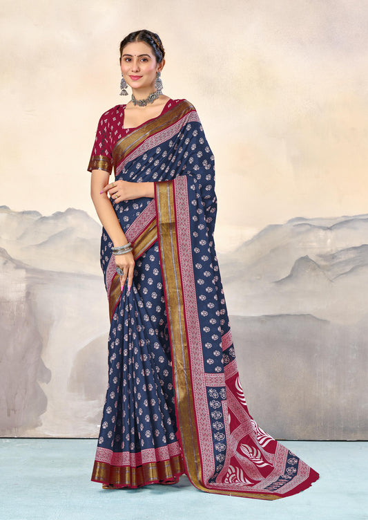 Kayatri New Pure Mulmul Cotton Hand Block Print Saree with Heavy Zari Border & Bandhani Blouse