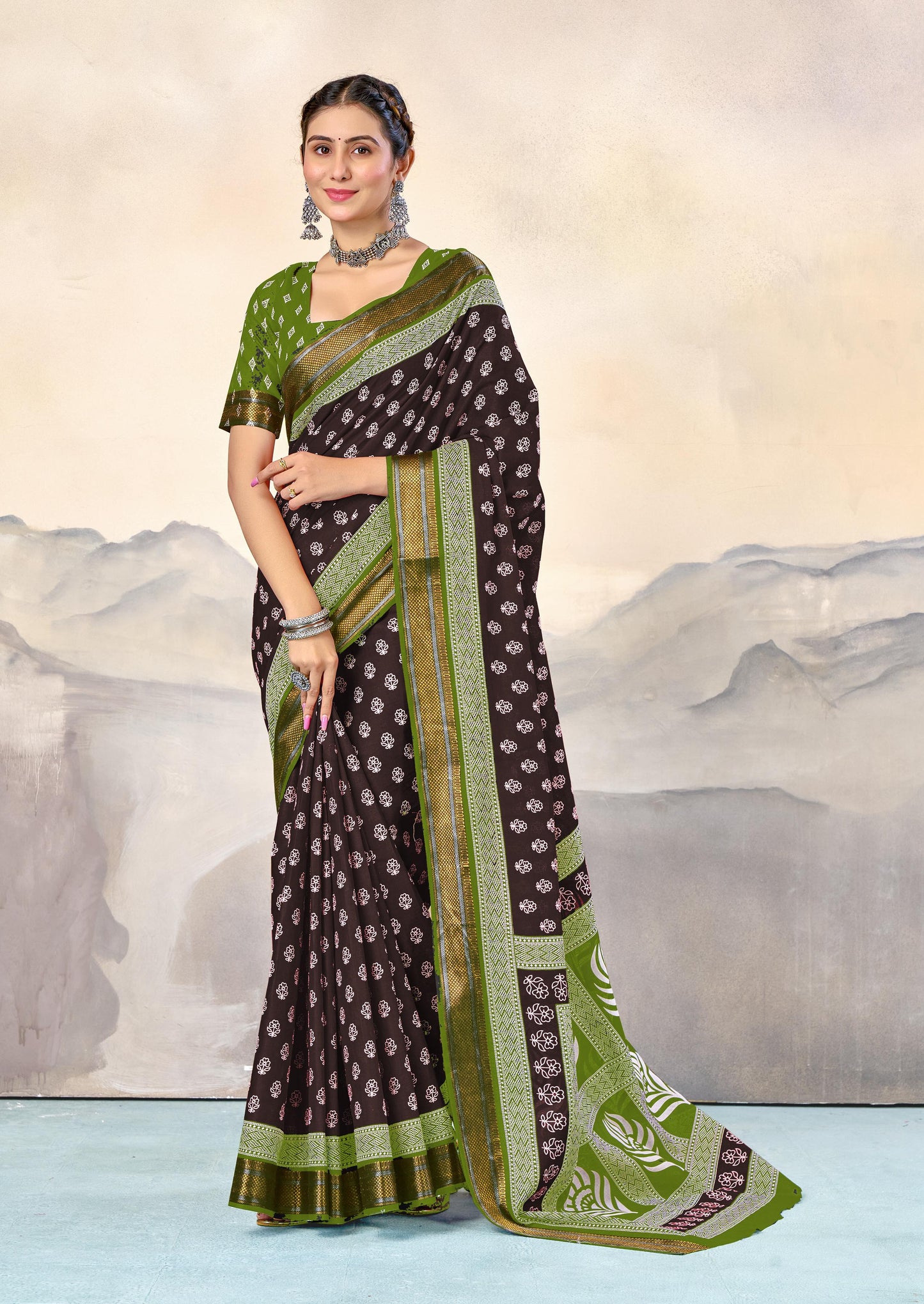 Kayatri New Pure Mulmul Cotton Hand Block Print Saree with Heavy Zari Border & Bandhani Blouse