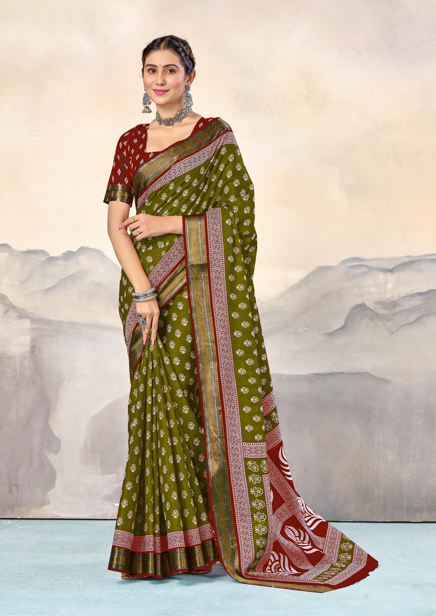 Kayatri New Pure Mulmul Cotton Hand Block Print Saree with Heavy Zari Border & Bandhani Blouse