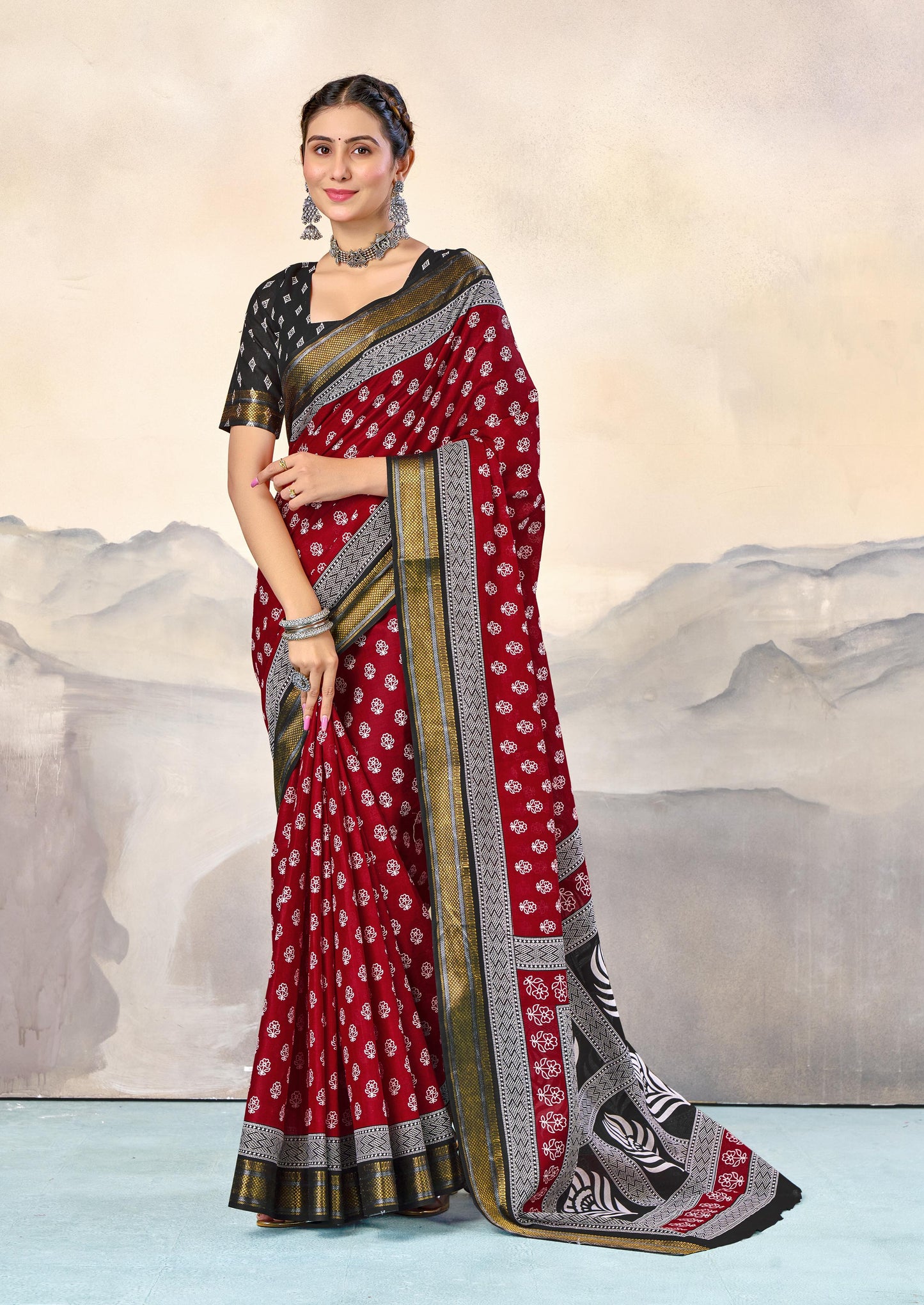 Kayatri New Pure Mulmul Cotton Hand Block Print Saree with Heavy Zari Border & Bandhani Blouse