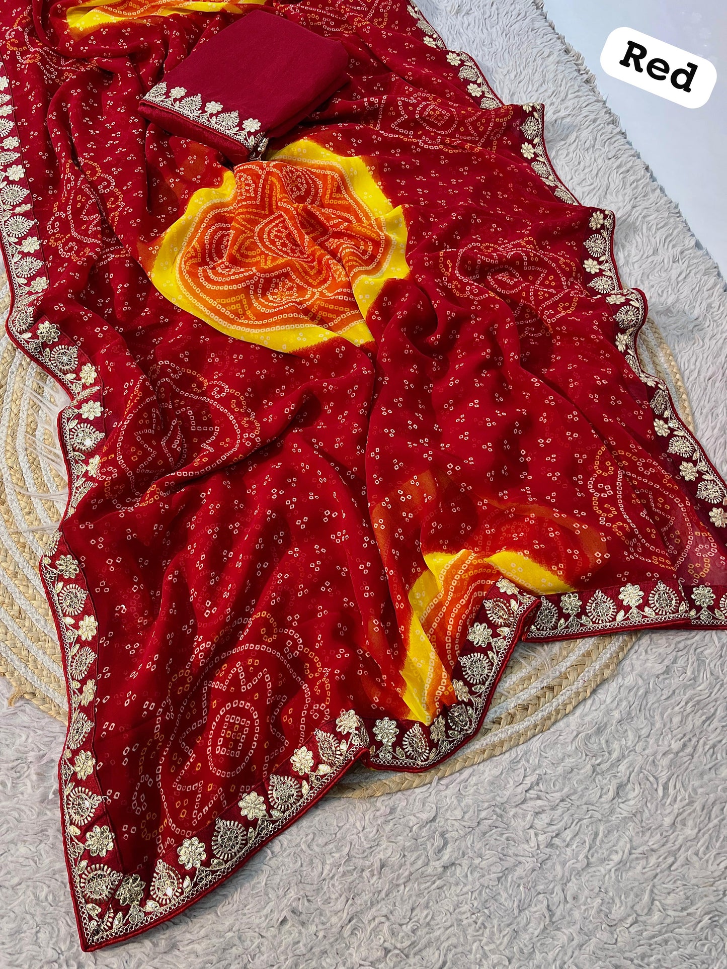 Kayatri New Soft Georgette Bandhej Saree with Gotapatti Lace Border & Heavy Designer Blouse