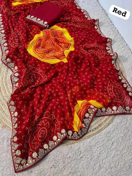 Kayatri New Soft Georgette Bandhej Saree with Gotapatti Lace Border & Heavy Designer Blouse