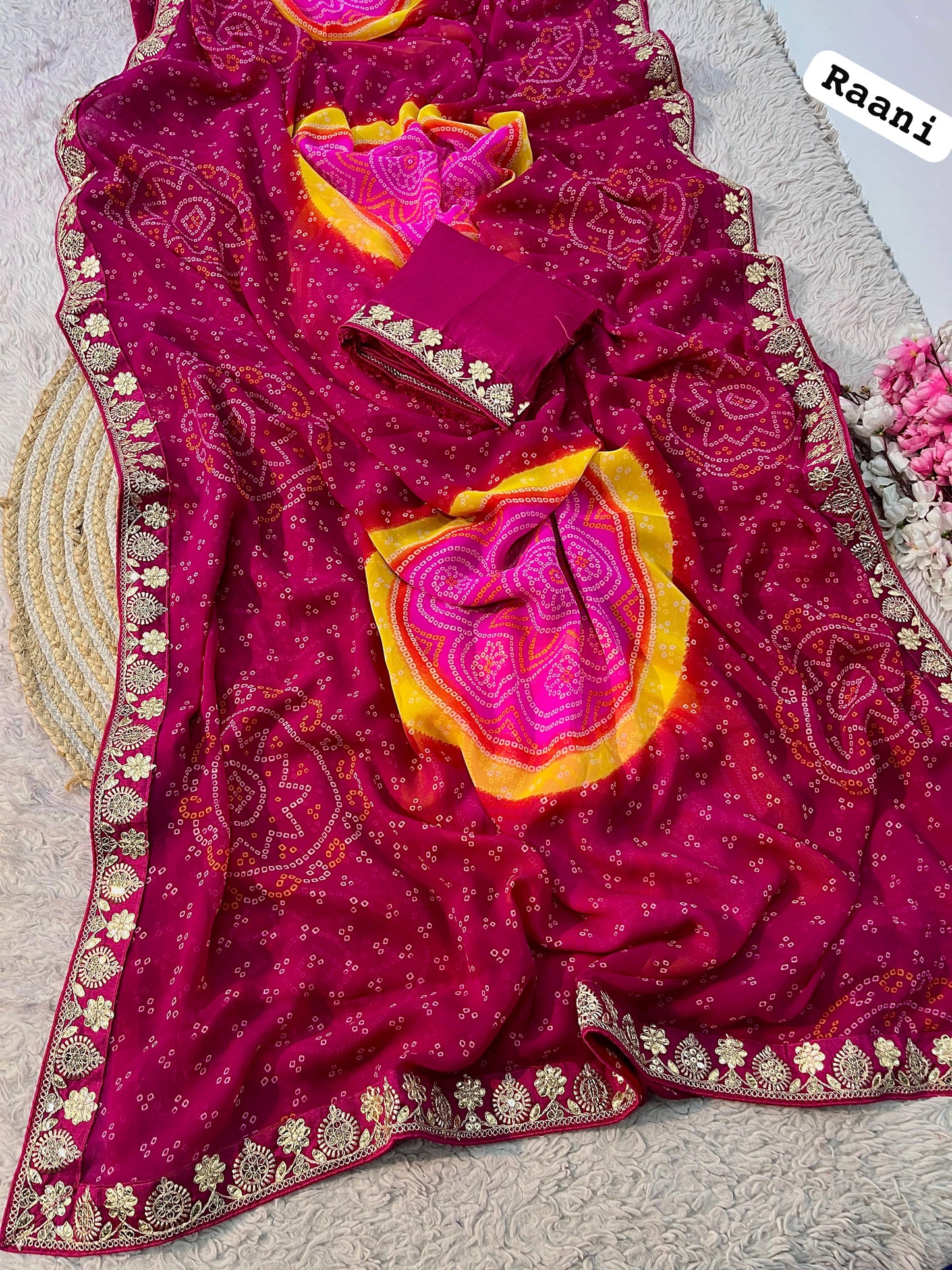 Kayatri New Soft Georgette Bandhej Saree with Gotapatti Lace Border & Heavy Designer Blouse