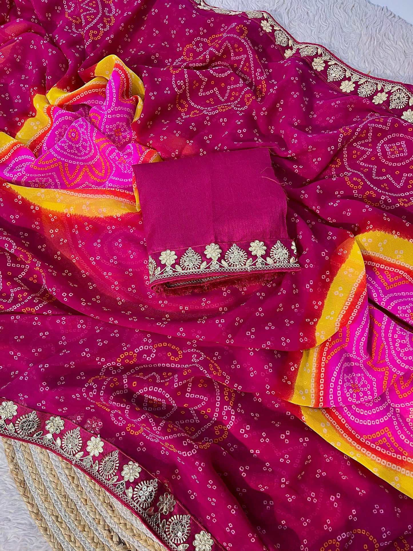 Kayatri New Soft Georgette Bandhej Saree with Gotapatti Lace Border & Heavy Designer Blouse