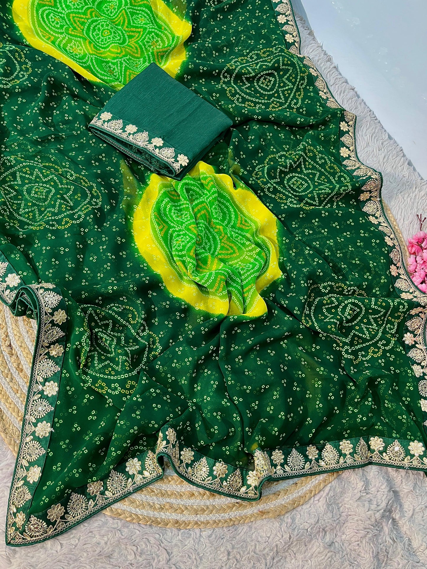 Kayatri New Soft Georgette Bandhej Saree with Gotapatti Lace Border & Heavy Designer Blouse