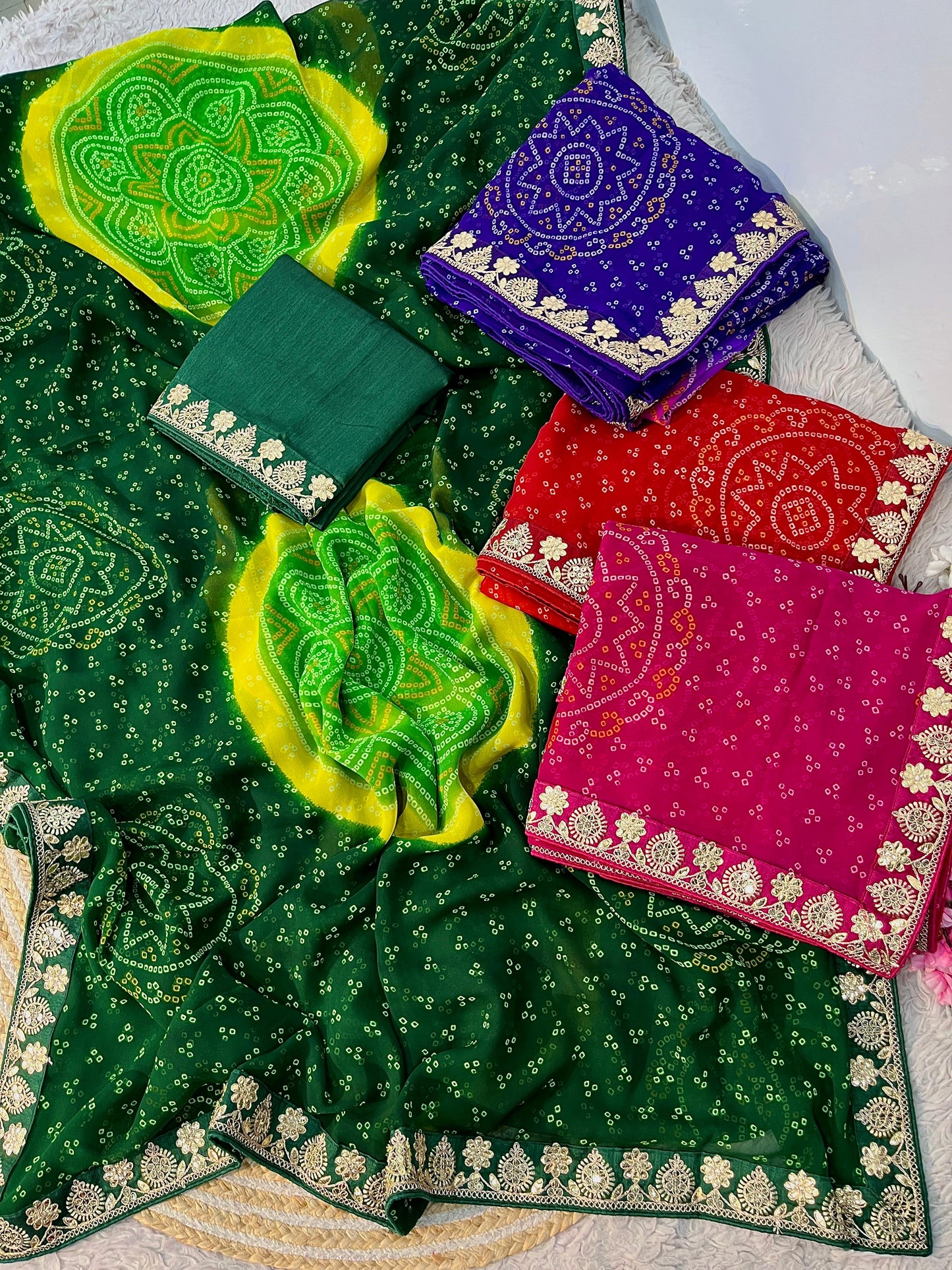 Kayatri New Soft Georgette Bandhej Saree with Gotapatti Lace Border & Heavy Designer Blouse