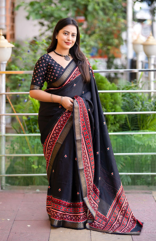 Kayatri New Elegant Soft Pashmina Silk Saree with Ikkat Prints & Zari Pattu Border